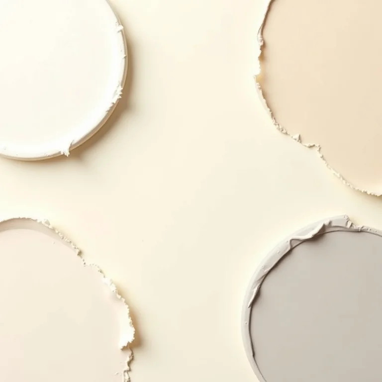 Amostras de tintas em tons neutros, como bege, creme, cinza claro e taupe.