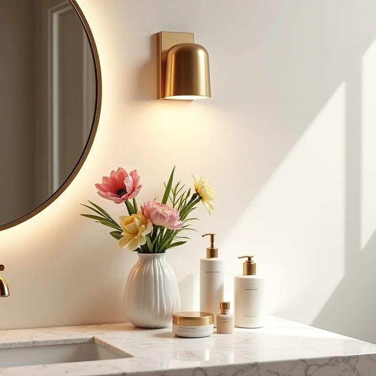 Arandela destacando elementos decorativos em banheiro moderno