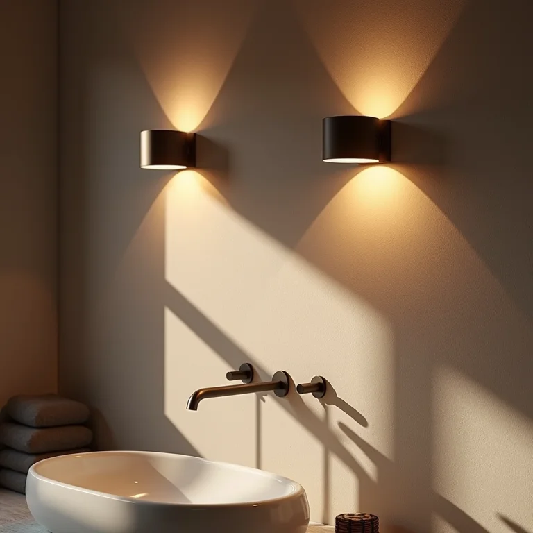 Arandelas direcionando luz aconchegante em banheiro minimalista