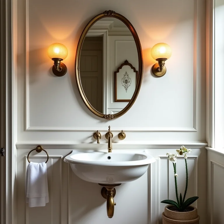 Arandelas vintage em banheiro com decoração retrô