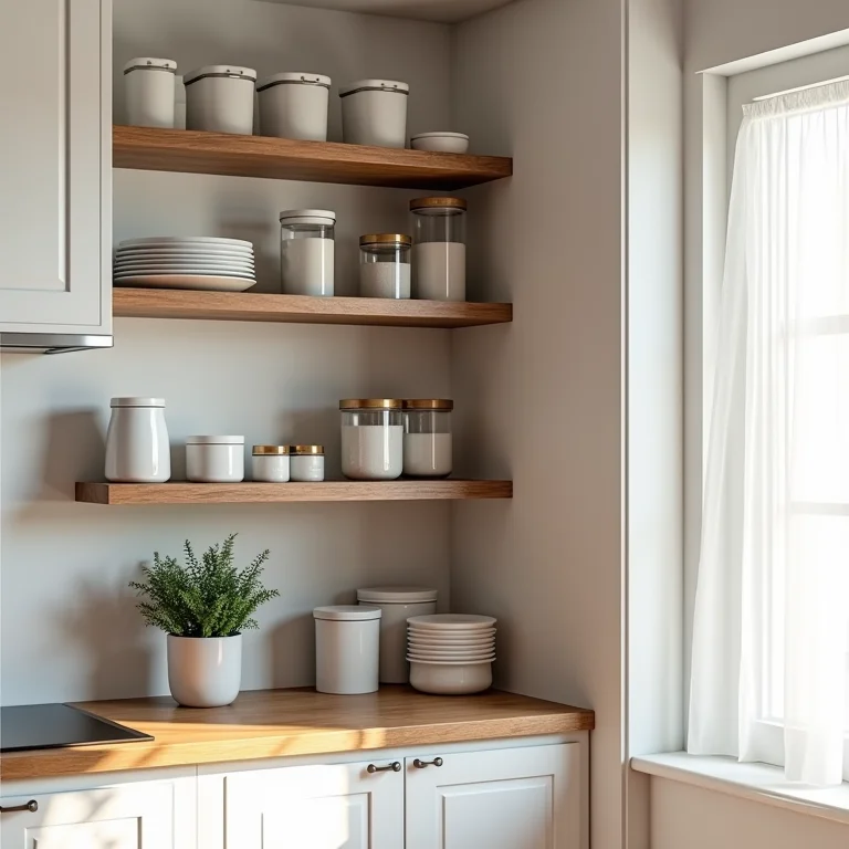 Armário de canto organizado com potes e prateleiras.