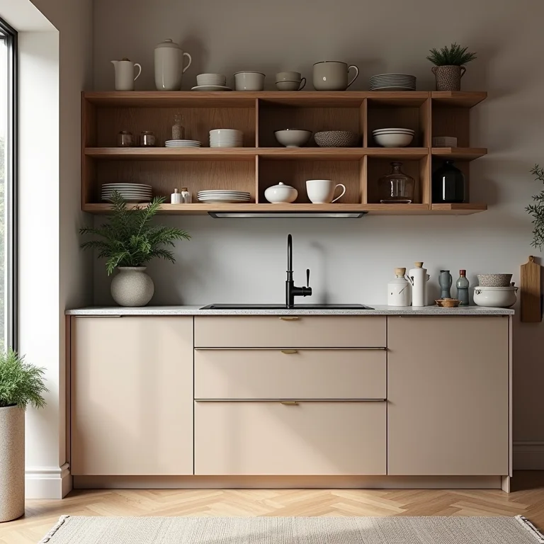 Armários altos e prateleiras bem organizadas em uma cozinha.