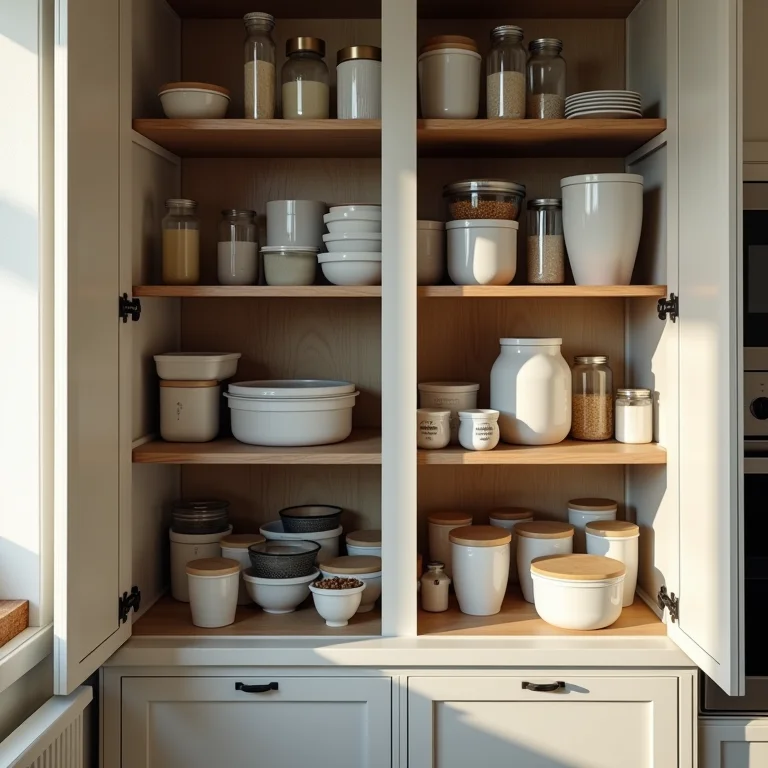 Armários de cozinha desorganizados e lotados