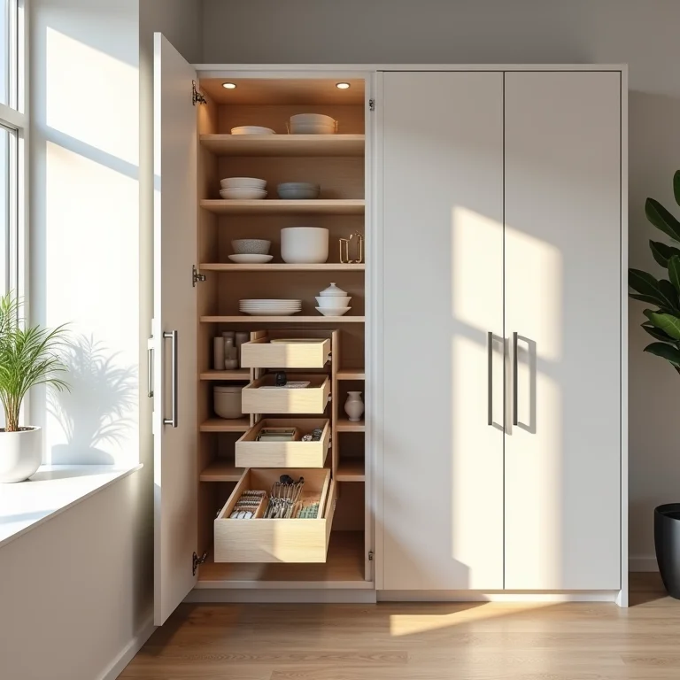 Armários de cozinha inteligentes com soluções de armazenamento vertical.