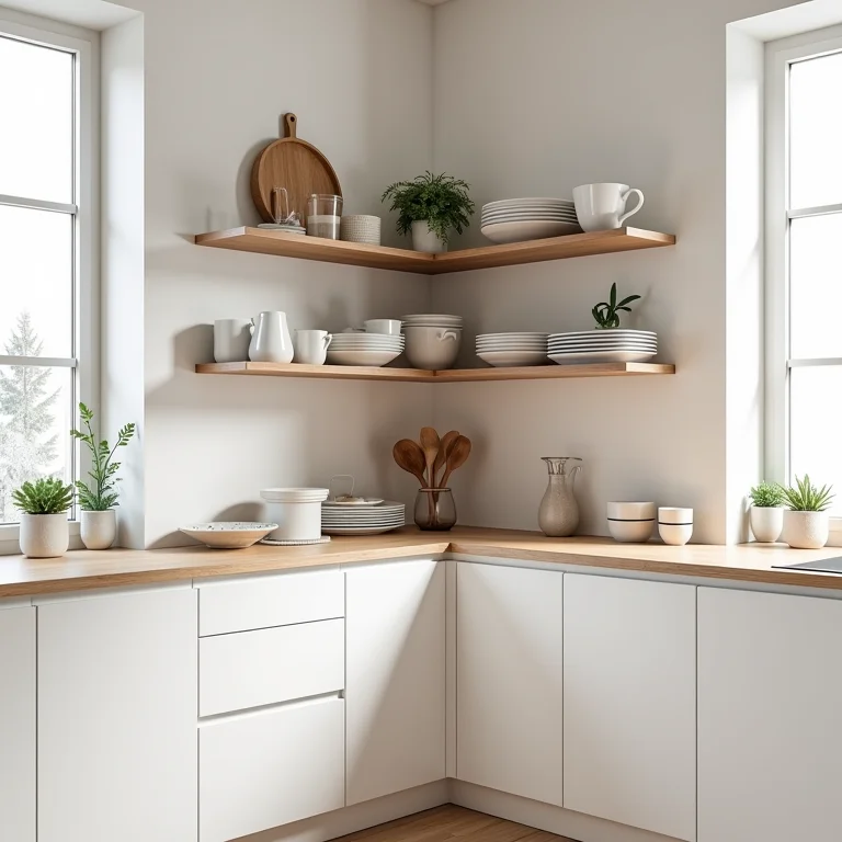 Armários e prateleiras de canto na cozinha