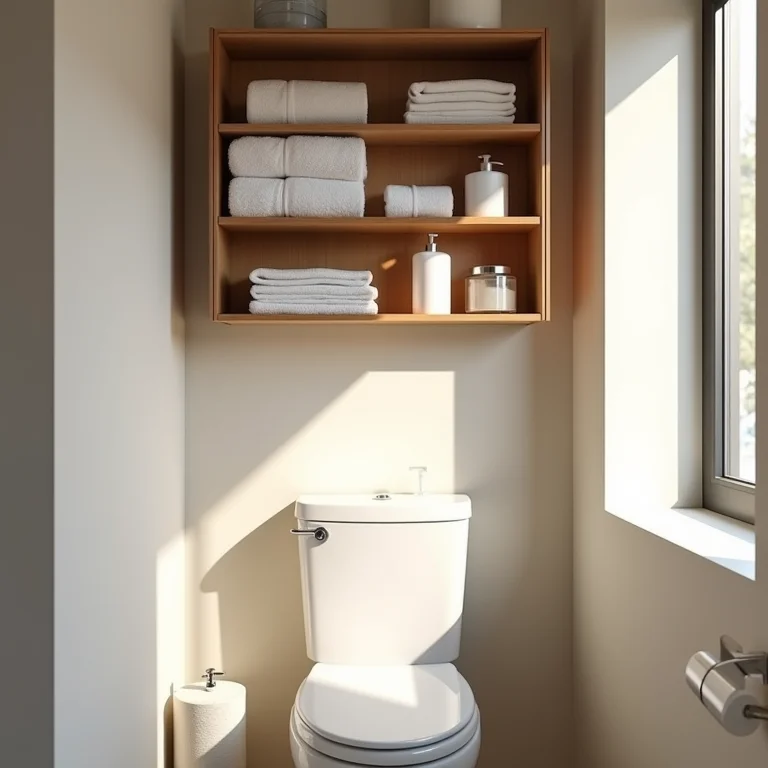 Armários suspensos otimizando espaço em banheiro pequeno