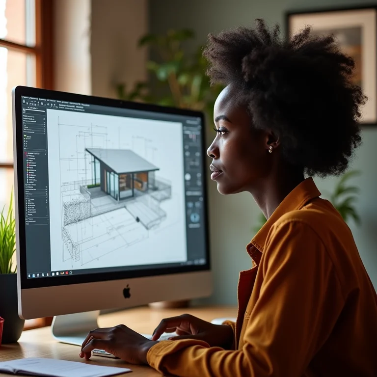 Arquiteta analisando projeto no computador com olhar atento