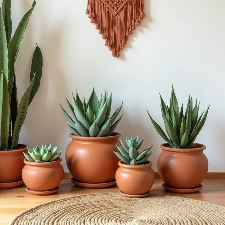 Arranjo de objetos decorativos em tons terrosos, típicos do estilo boho.