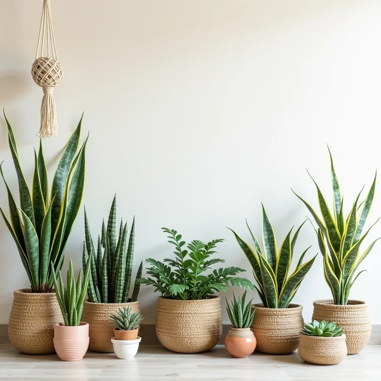 Arranjo de plantas em vasos com elementos boho, como cestos de vime e macramê.
