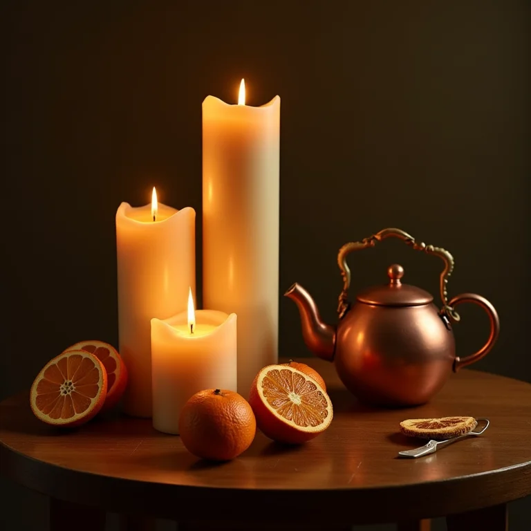Arranjo de velas, laranjas secas e bule de cobre sobre uma mesa de madeira.