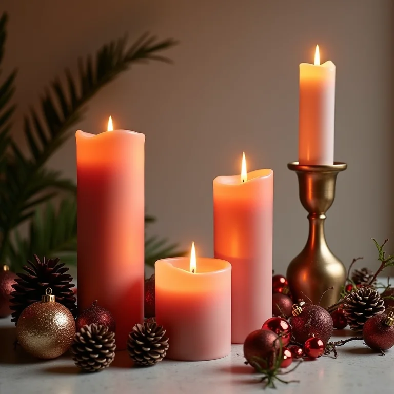 Arranjo elegante de velas e castiçais com decoração de Natal