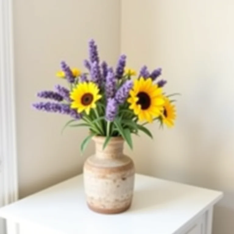 Arranjo floral com cores vibrantes em quarto provençal