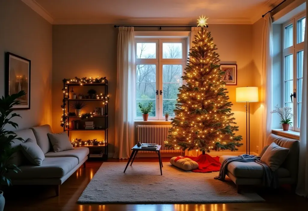 Árvore de Natal perfeita: o segredo dos decoradores famosos Árvore de Natal decorada em sala de estar aconchegante