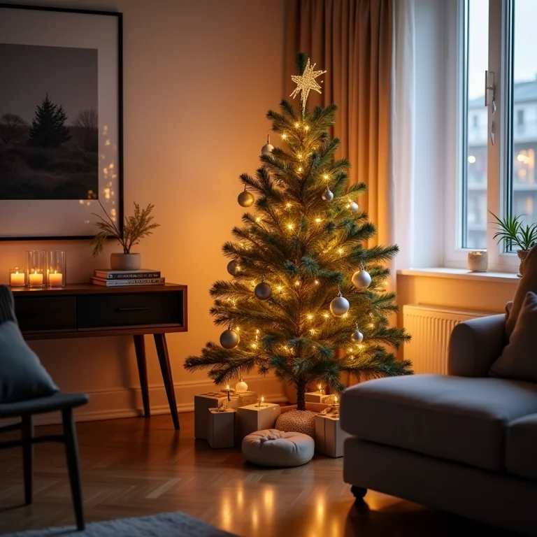 Árvore de Natal pequena e elegante em um apartamento compacto