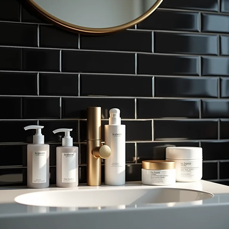 Backsplash de azulejo de metrô preto no banheiro com produtos de skincare