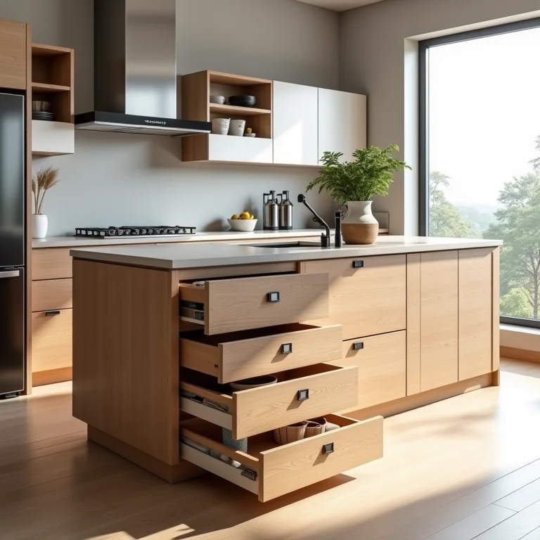 Balcão de madeira com armazenamento inteligente