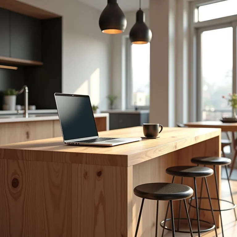 Balcão de madeira como espaço de trabalho e refeições