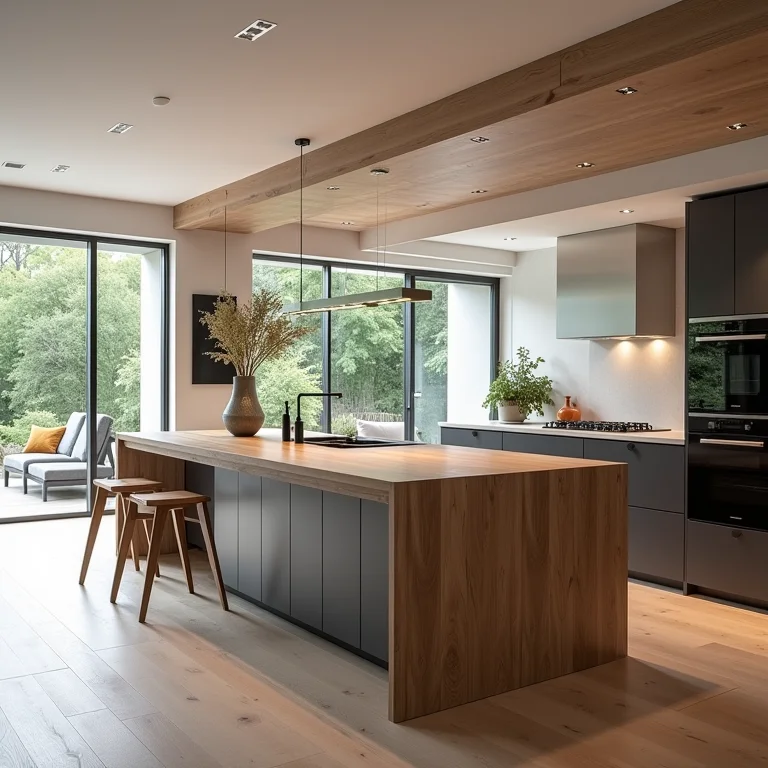 Balcão de madeira dividindo cozinha e sala