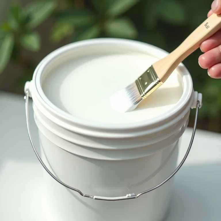 Balde de tinta à base de água branca com um pincel.