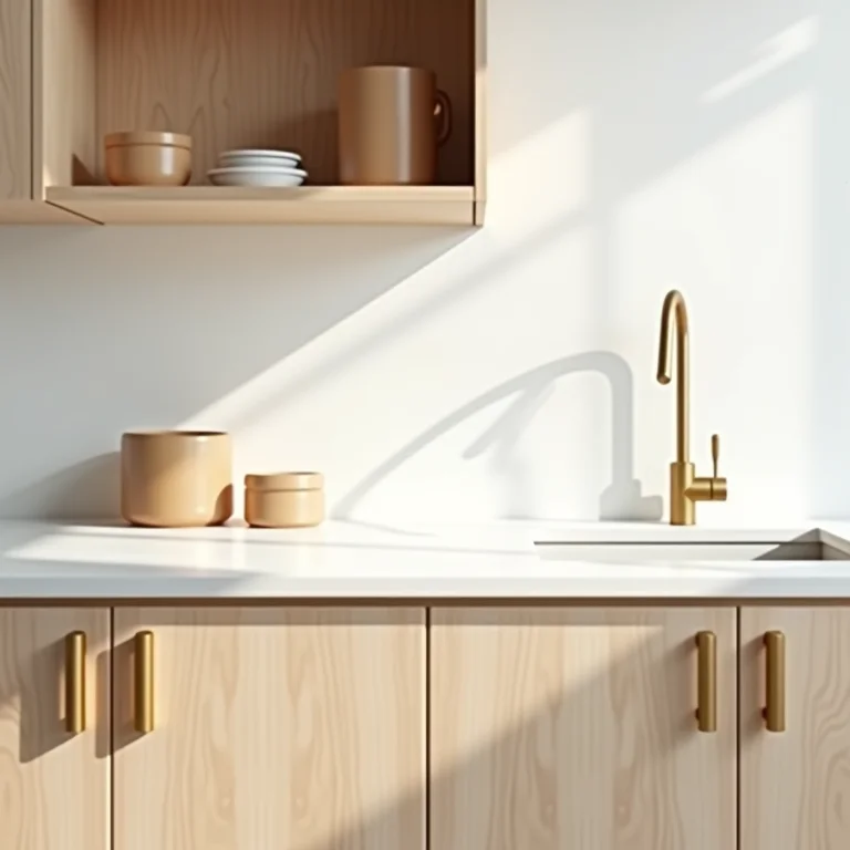 Bancada branca combinada com madeira e detalhes dourados