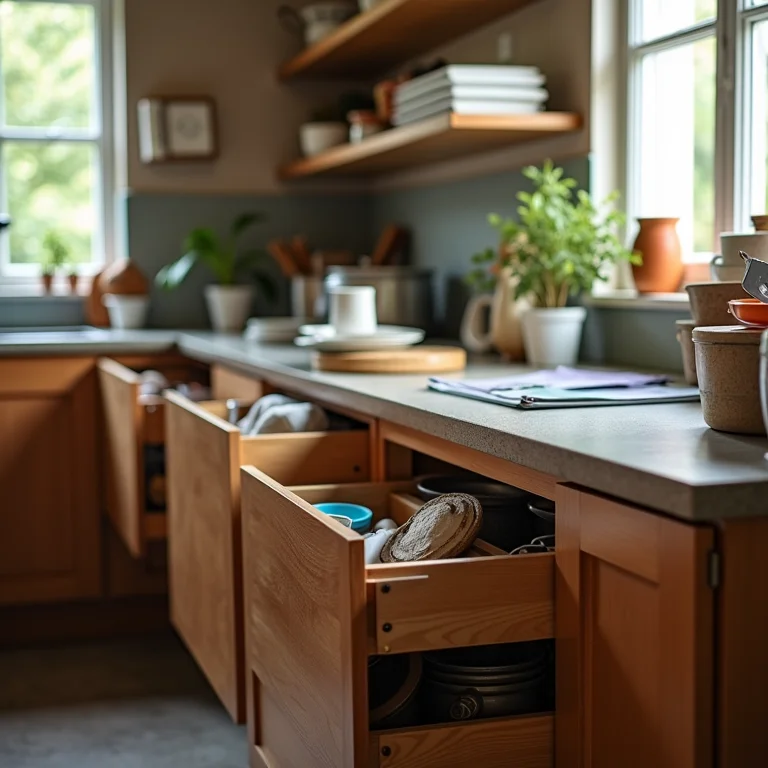 Bancada de cozinha bagunçada com gavetas cheias e falta de espaço