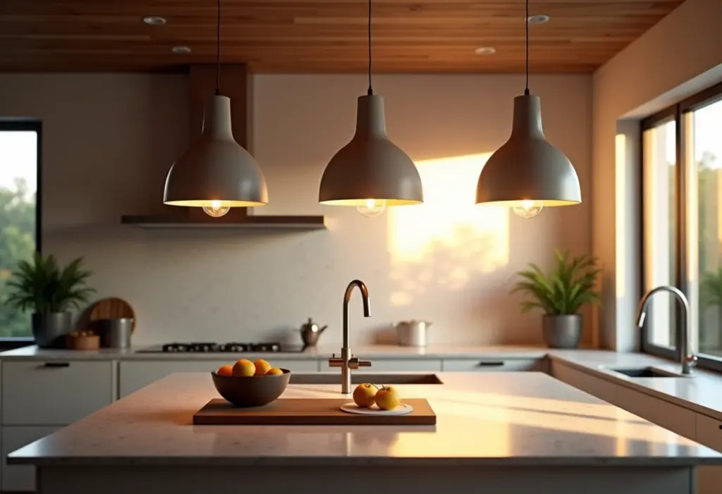 Bancada de cozinha iluminada com pendentes modernos