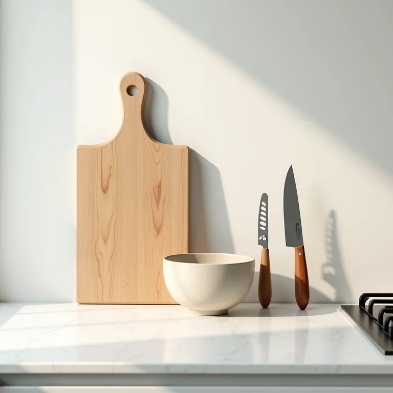 Bancada de cozinha minimalista com poucos utensílios.