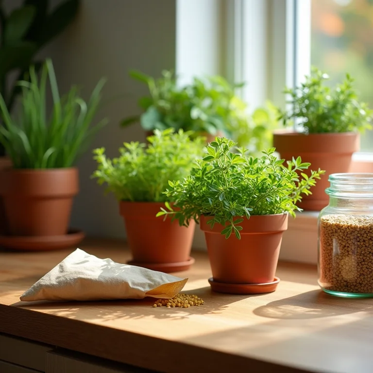 Bancada de madeira com ervas, embalagem reutilizável e grãos.