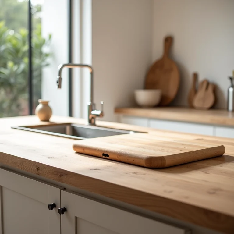 Bancada de madeira com pia embutida e tábua de corte resistente.