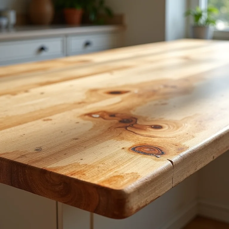 Bancada de madeira danificada com arranhões e manchas