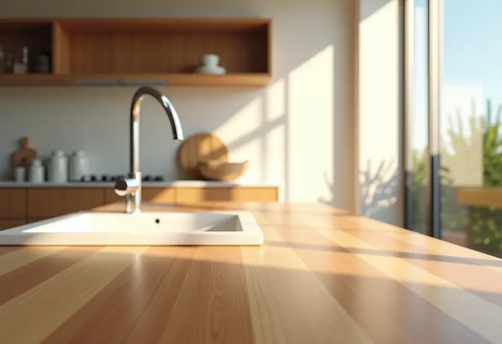 Bancada de madeira elegante em cozinha iluminada