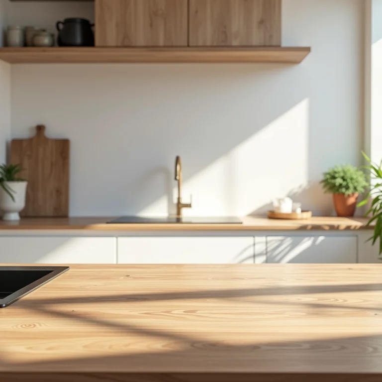 Bancada de madeira em cozinha moderna e minimalista