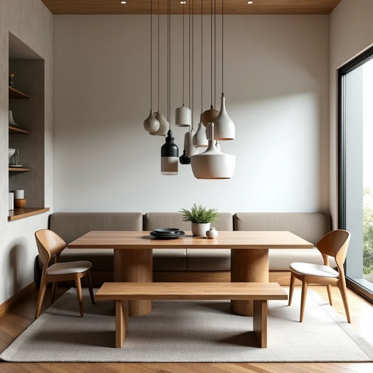 Banco de estilo rústico destoando em sala de jantar moderna