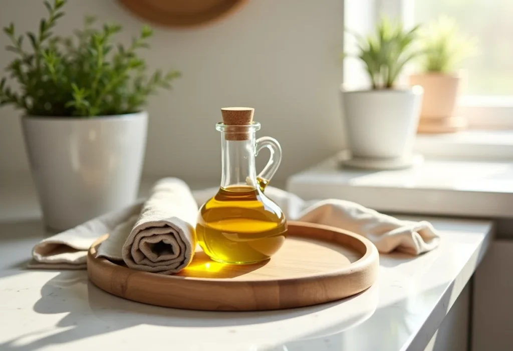 Bandeja de madeira com itens de cozinha em bancada de cozinha