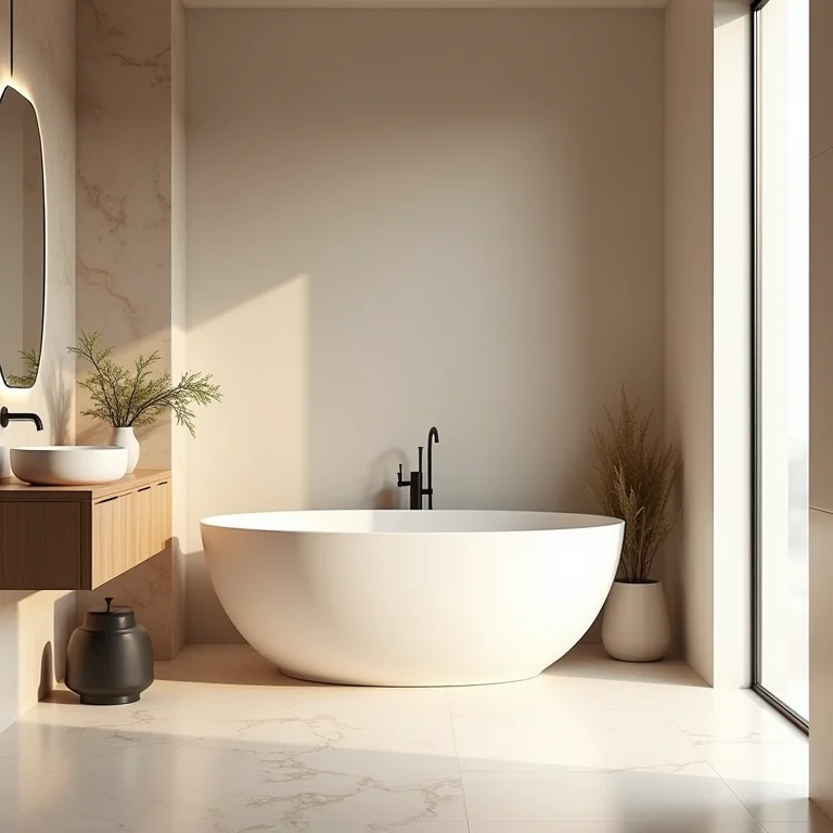 Banheiro bege com combinações de madeira, mármore e cerâmica.