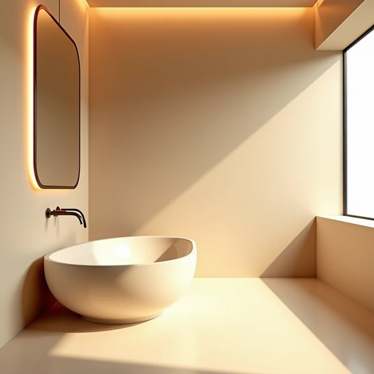 Banheiro bege com iluminação artificial estratégica.