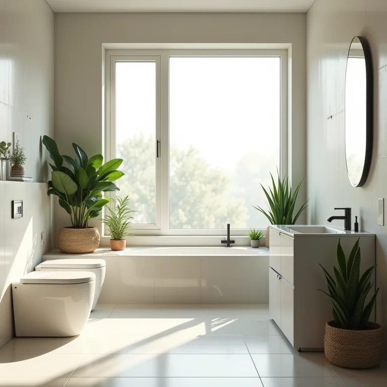 Banheiro bem ventilado com plantas e janela aberta.