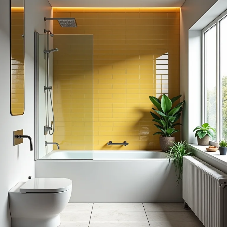 Banheiro com azulejos de metrô coloridos