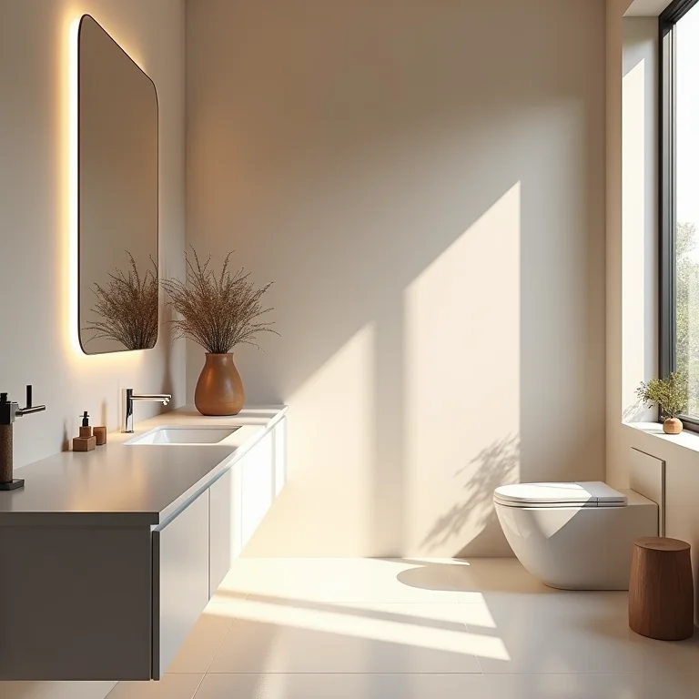 Banheiro com diferentes tipos de iluminação.