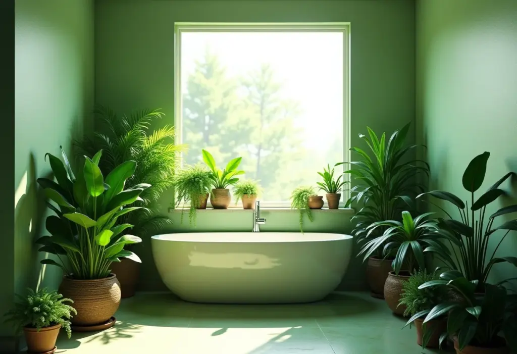 Plantas no banheiro: o truque para um refúgio relaxante Banheiro com diversas plantas criando um ambiente relaxante