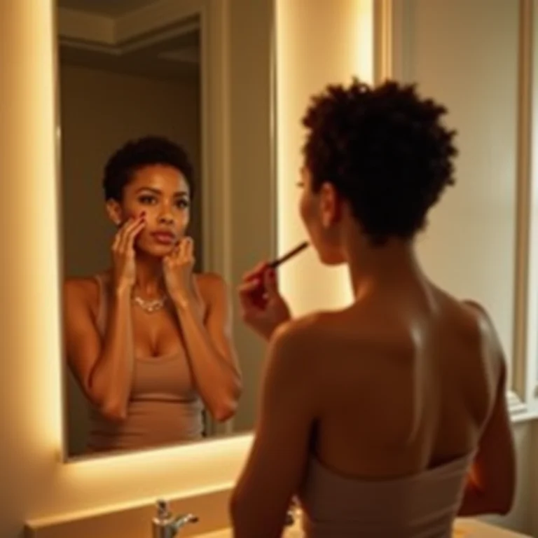 Banheiro com iluminação suave e mulher se maquiando