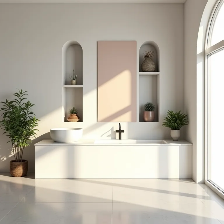 Banheiro com nichos e prateleiras destacados pela pintura setorizada