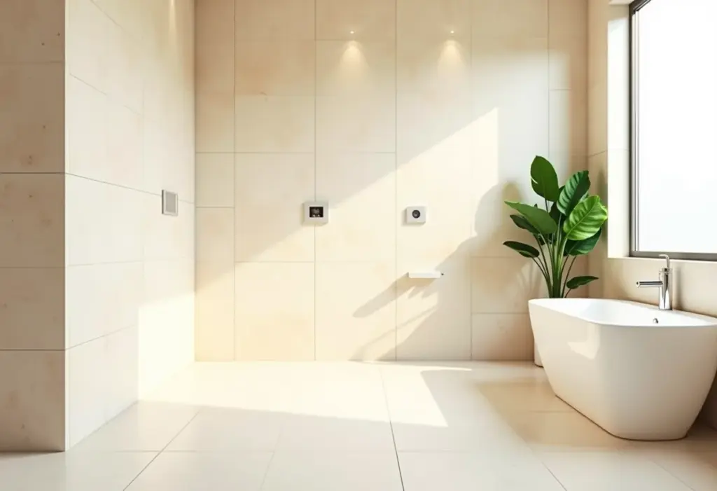 Banheiro com porcelanato bege claro e design minimalista