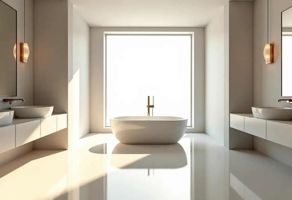 Banheiro de suíte luxuoso com banheira e luz natural