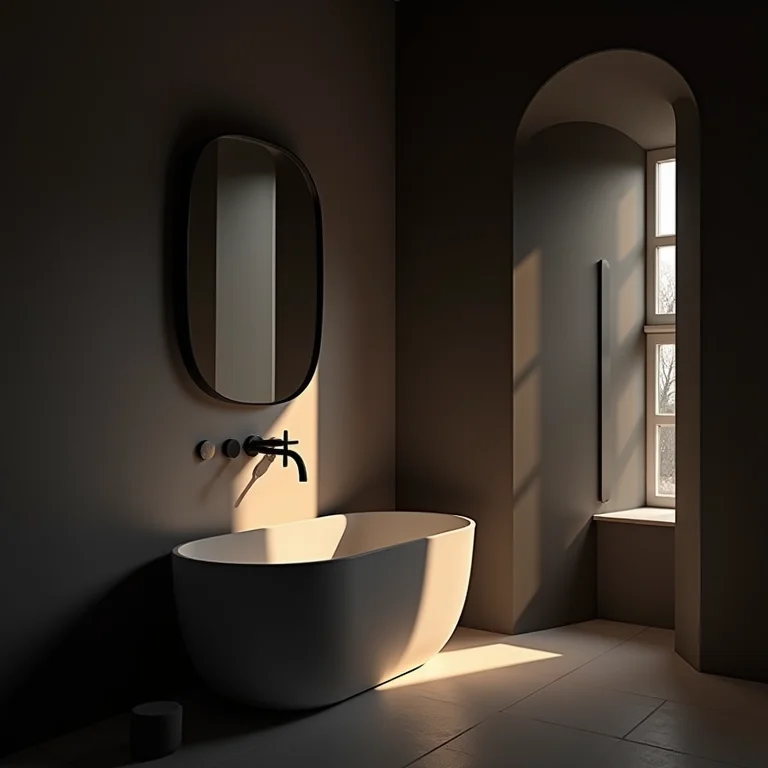 Banheiro escandinavo com iluminação artificial inadequada