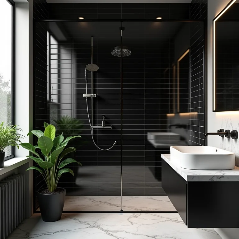 Banheiro moderno com azulejo de metrô preto no box