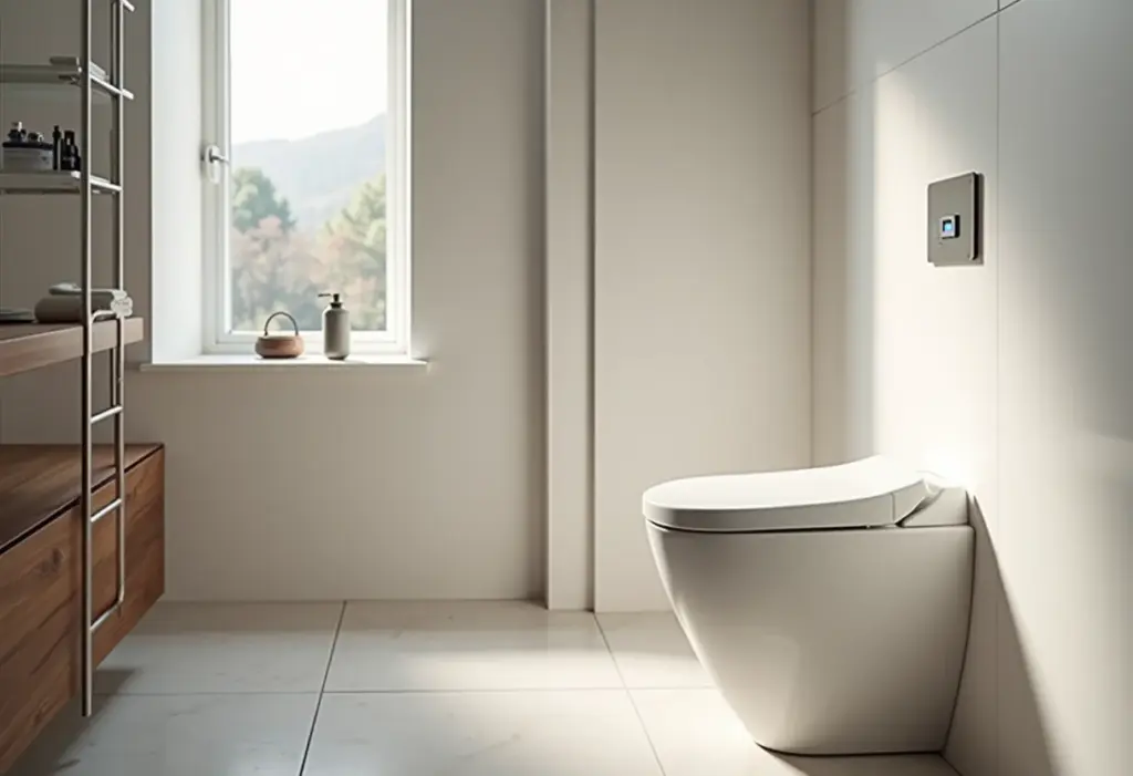Banheiro moderno com cano do vaso inteligentemente escondido