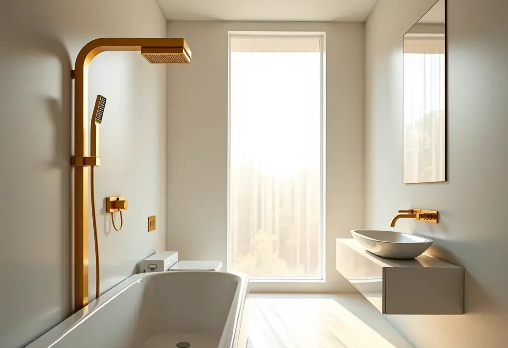 Banheiro moderno com chuveiro dourado, iluminação natural