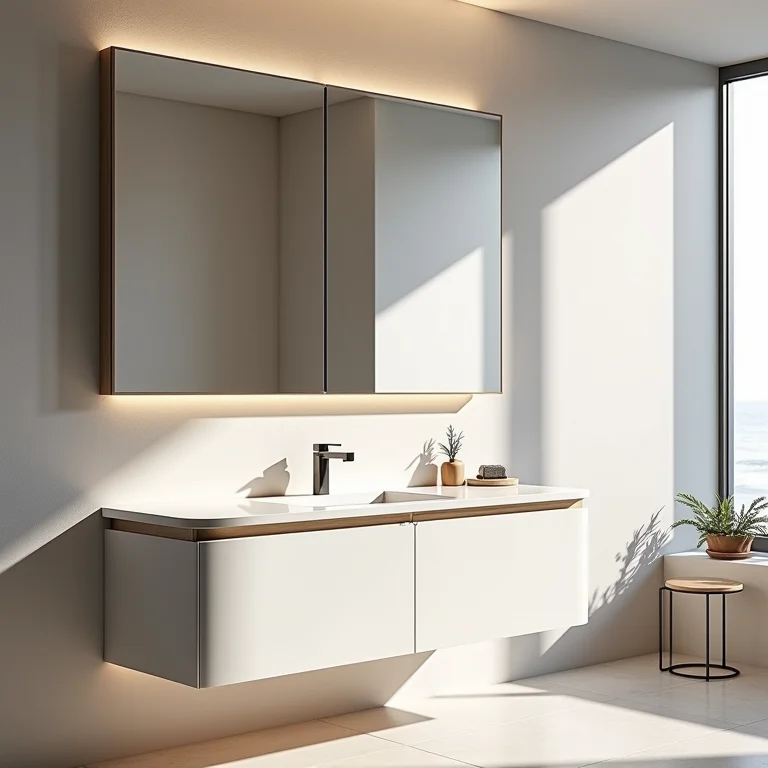 Banheiro moderno com espelho armário embutido na parede