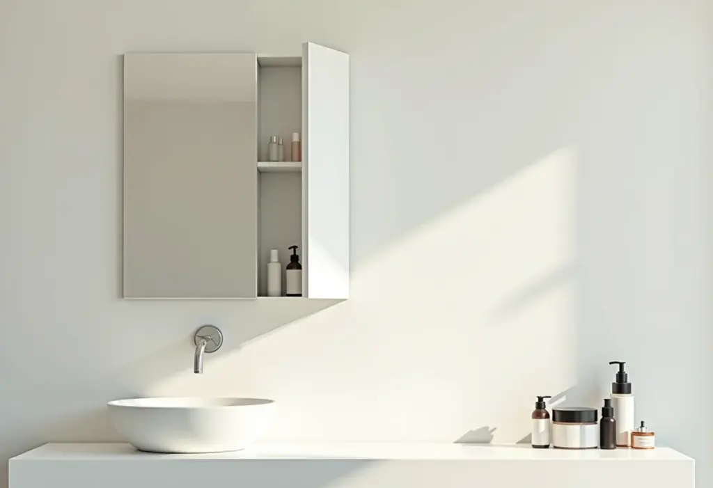 Banheiro moderno com espelho armário minimalista, organização de produtos de beleza
